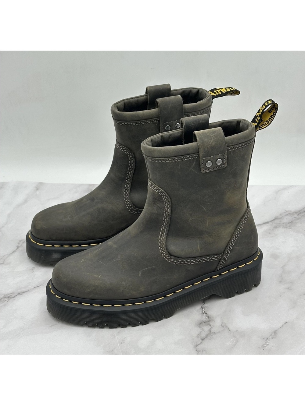 Dr. Martens Distressed Anistone Lo Biker Boots Brown Leather Platform Lug Sole - Picture 2 of 13